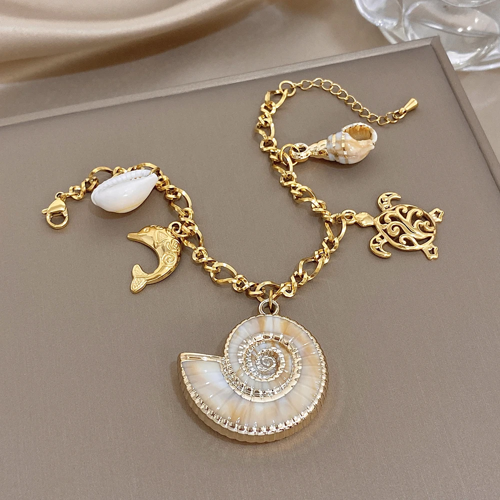 Greatera Conch Hollowed-out Sea Turtle Dolphin Bangle Delicacy Artistic Ocean-style Multiple Pendant Stainless Steel Bracelets