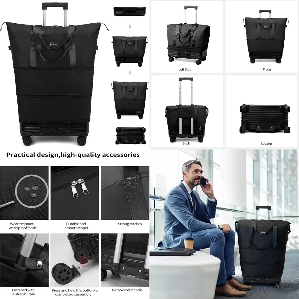 

Expandable Wheeled Duffle Bag, Foldable Travel Luggage with Handle, Carry-On Collapsible Suitcase for Women