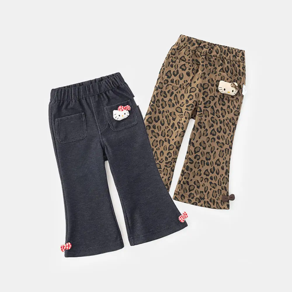 

Детские весенние новые брюки Sanrio Hello Kitty 2026 для маленьких девочек, повседневная верхняя одежда с леопардовым принтом, модные расклешенные брюки с мультяшным рисунком