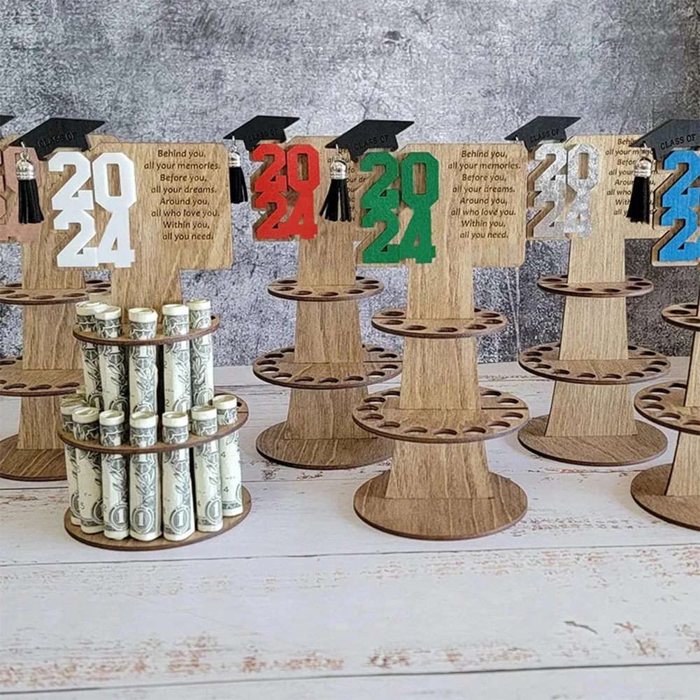 Wooden Decorative Money Holder with 25 Holes Graduation Hat Decor Money Holder for Anniversary Birthday Decor