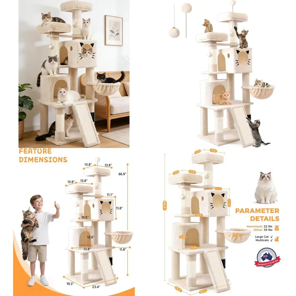 

Indoor Multi-Level Cat Tower with Sisal Posts, Hammock, Condos, and Ramp for Heavy-Duty Use