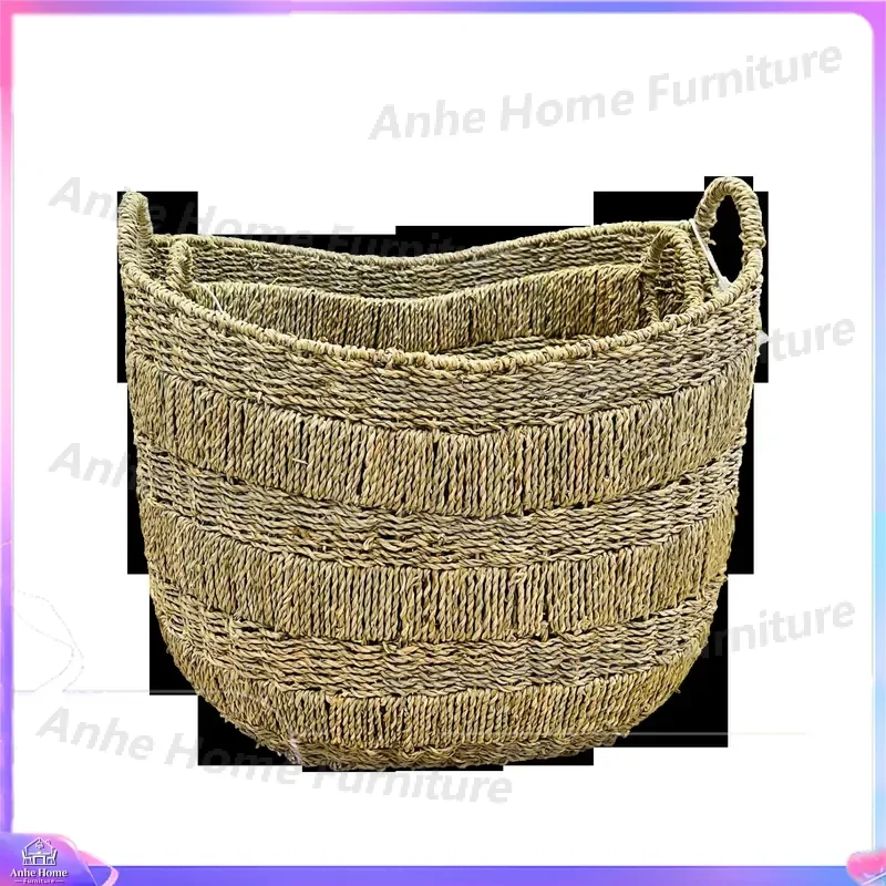 Hand Woven Seagrass Storage Basket with Handle Eco Friendly Laundry Hamper Large Wicker Clothes Organizer Home Decor Pet Bed