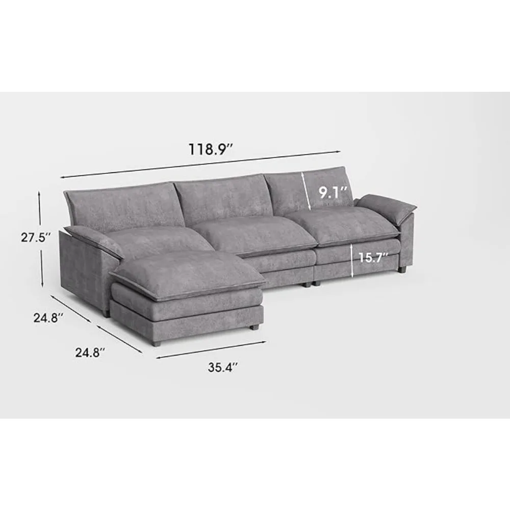 119” Modular Oversized Sectional Sofa,Modern Wide Arm L-Shaped Couch,Deep Seat & Reversible Ottoman,Sleeper Sofa Chenille Fabric