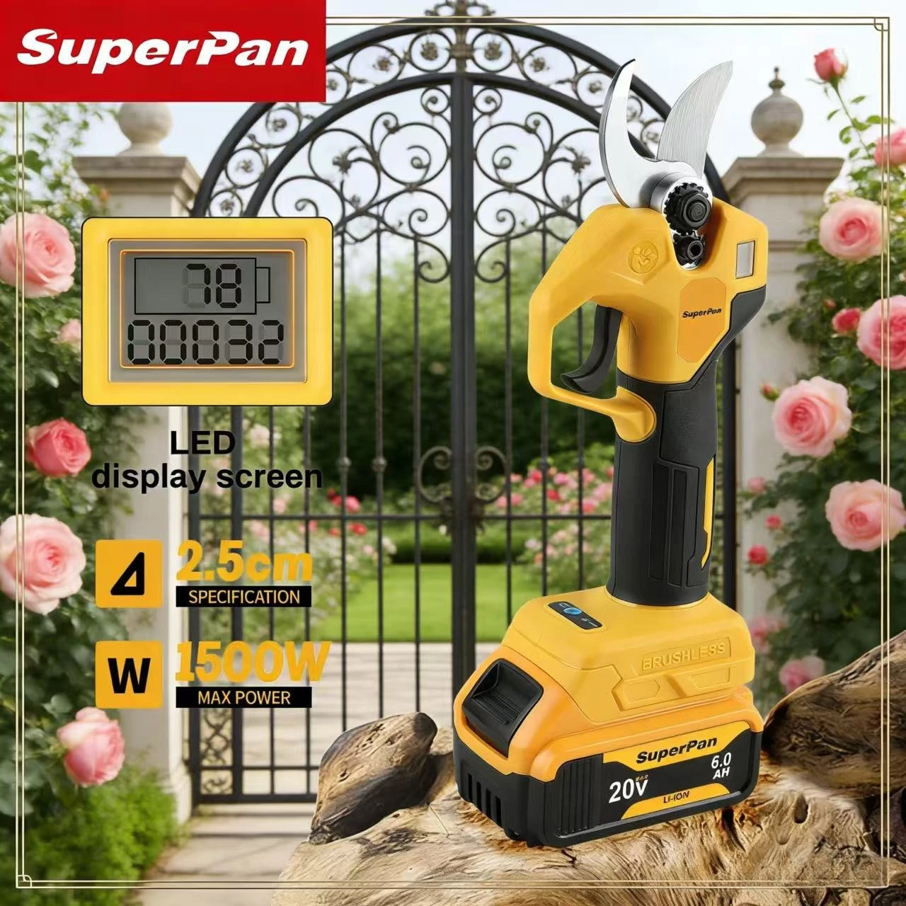 

Аккумуляторный секатор SuperPan SK5 для обрезки сада и садовых культур, для обрезки небольших кустов, совместим с аккумулятором DeWalt 20V.