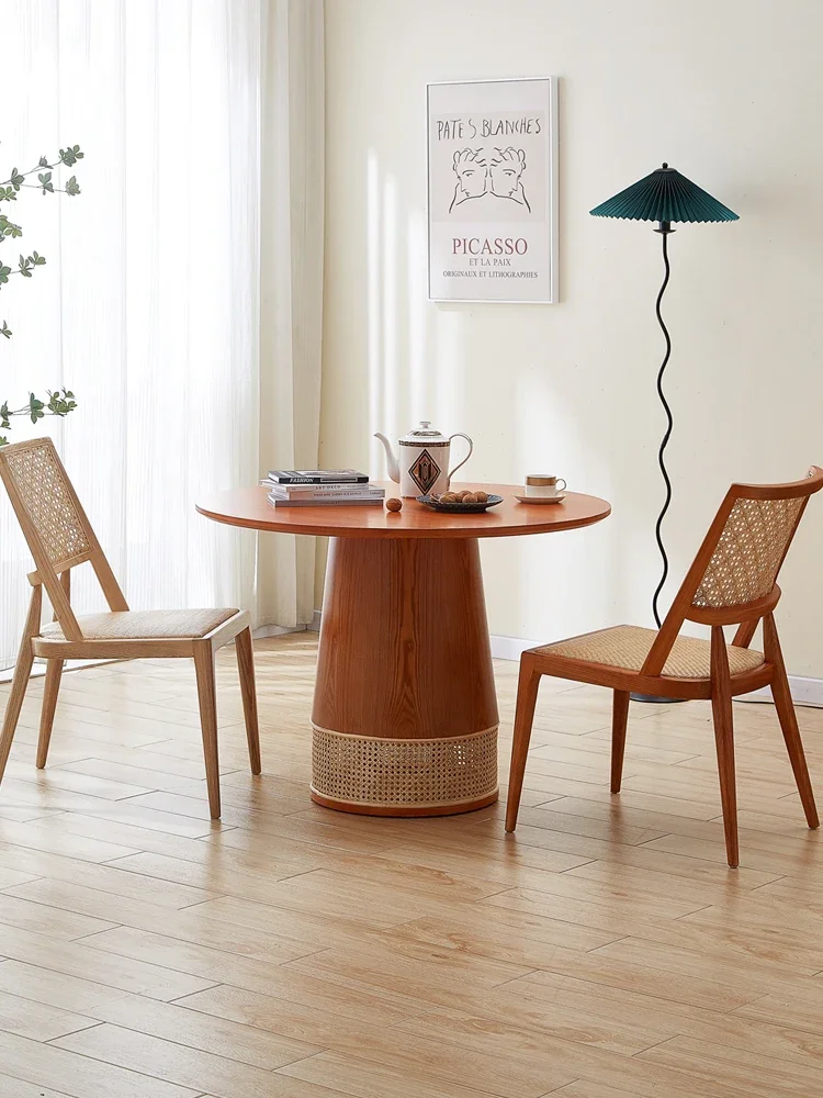 Nordic and Japanese Style Solid Wood Rattan round Table Dining-Table Chair Combination