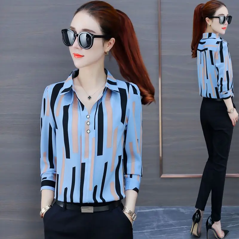 2023 New Women\'s Clothing Shirt Polo-Neck Long Sleeve Office Lady Commuter Fashion Stylish Printed Button Geometric Blouse