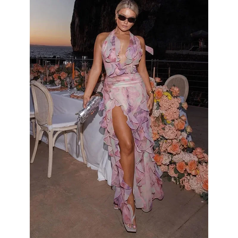 Bonny plage imprimé cascade à volants femmes longue Deress Sexy licou sans manches dos nu robes féminines 2025 été décontracté dame Robe