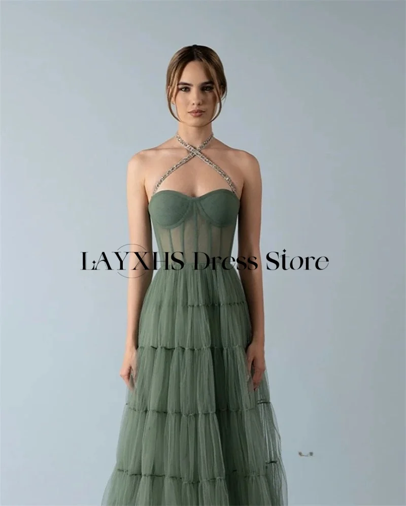 

LAYXHS Luxury Beaded Halter Evening Dresses A-Line Tulle Floor-Lenght Party Prom Gowns Customized فساتين سهره