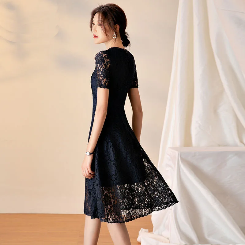 Temperament Lady Dress 2023 Summer One Piece Slim Waist O Neck Hollowed Out Lace Short Sleeve Black Dress Elegant Women Clothes