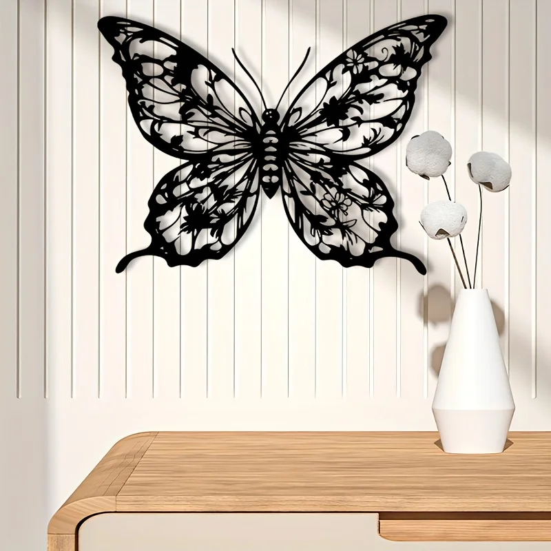 

Большое черно-белое металлическое настенное украшение в виде бабочки - элегантный минималистичный дизайн крыльев, конструкция из железа с порошковым покрытием