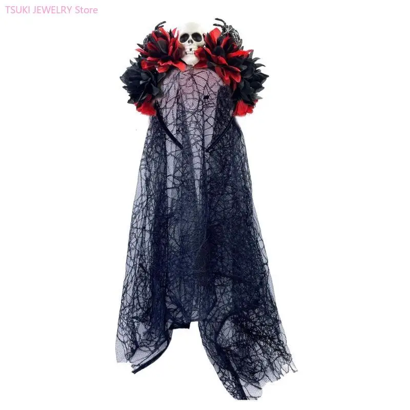 

62KE Scary Hairhoop with Veil Dark Series Skull Flower Headband Masquerade Party Hairband Flower Hairband Punk Hair Ornament