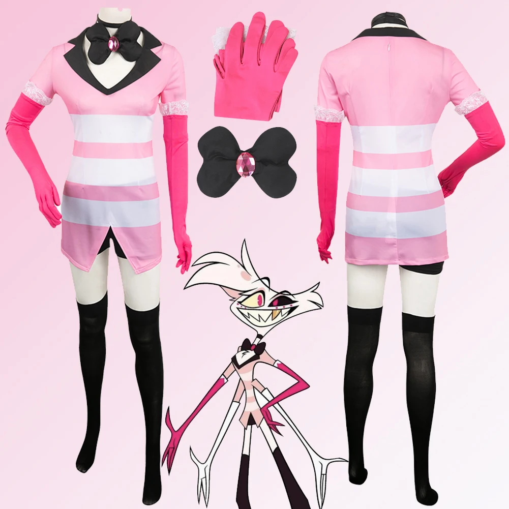 

Anime Cartoon Hotel Disguise Costume Angel Dust Cosplay Fantasy Gloves Bow Tie Pink Dress Outfit Women Halloween Roleplay Cloth