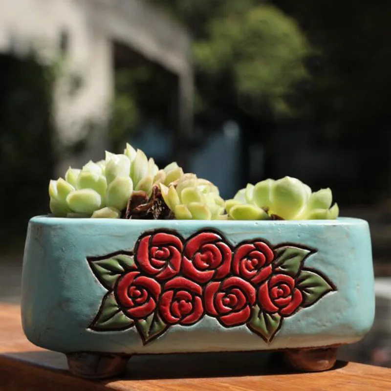 Ceramic Rectangle Floral Pattern Plant Pot Bonsai Vase with A Hole Coarse Pottery Flowerpot for Office Home Garden Decor