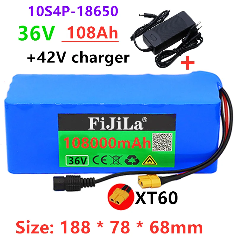 

Free shipping 36V battery 10S4P 108Ah battery pack 1000W high power battery 42V 108000mAh Ebike electric bike BMS+42V2A Charger
