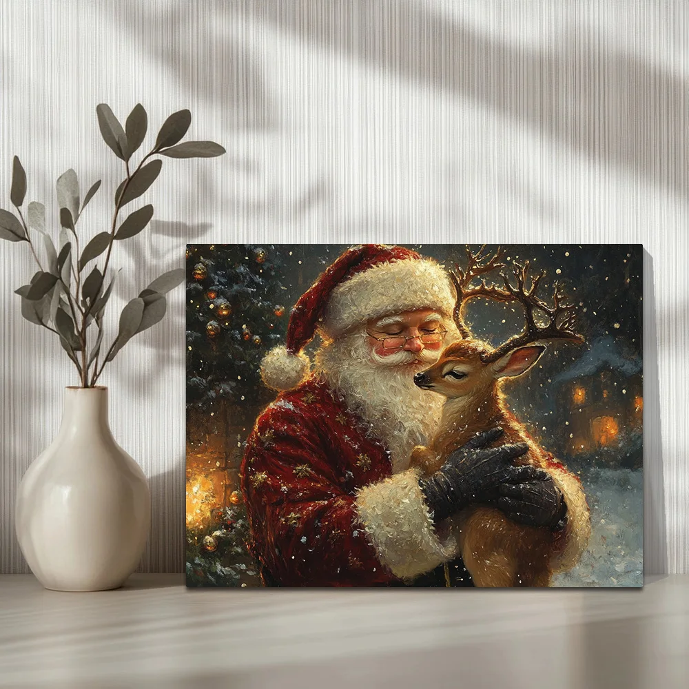 1pc,Santa Claus Holds A Cute Little Deer In The Magical Atmosphere Of Christmas Eve B, Modern Canvas Wall Art, Framed, 16x12inch