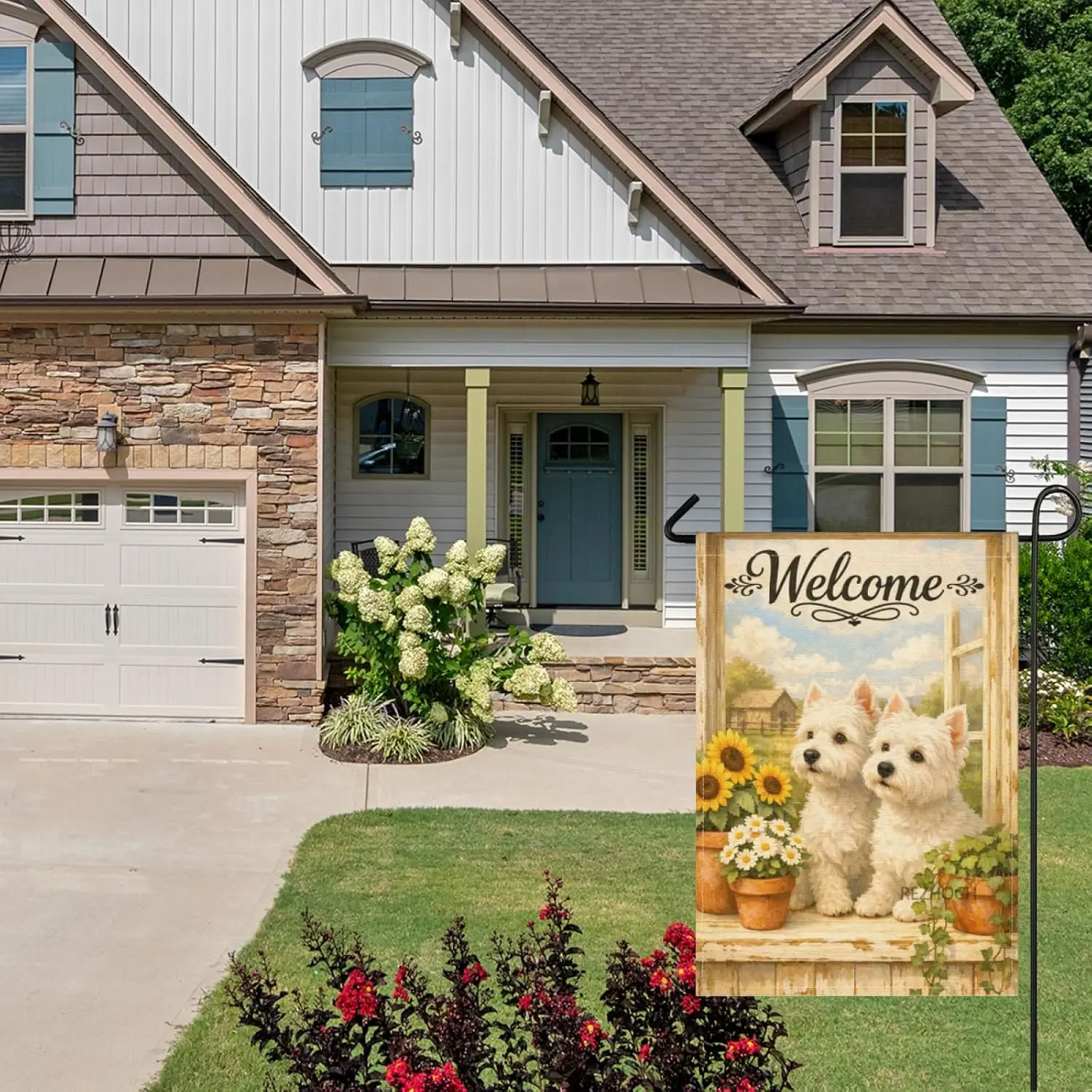 Funny White Terrier Dog Welcome Garden Flag 28x40Inch,Cute Animals Rustic Farmhouse Home Decor,Window Scene Sunflowers Daisy AAS