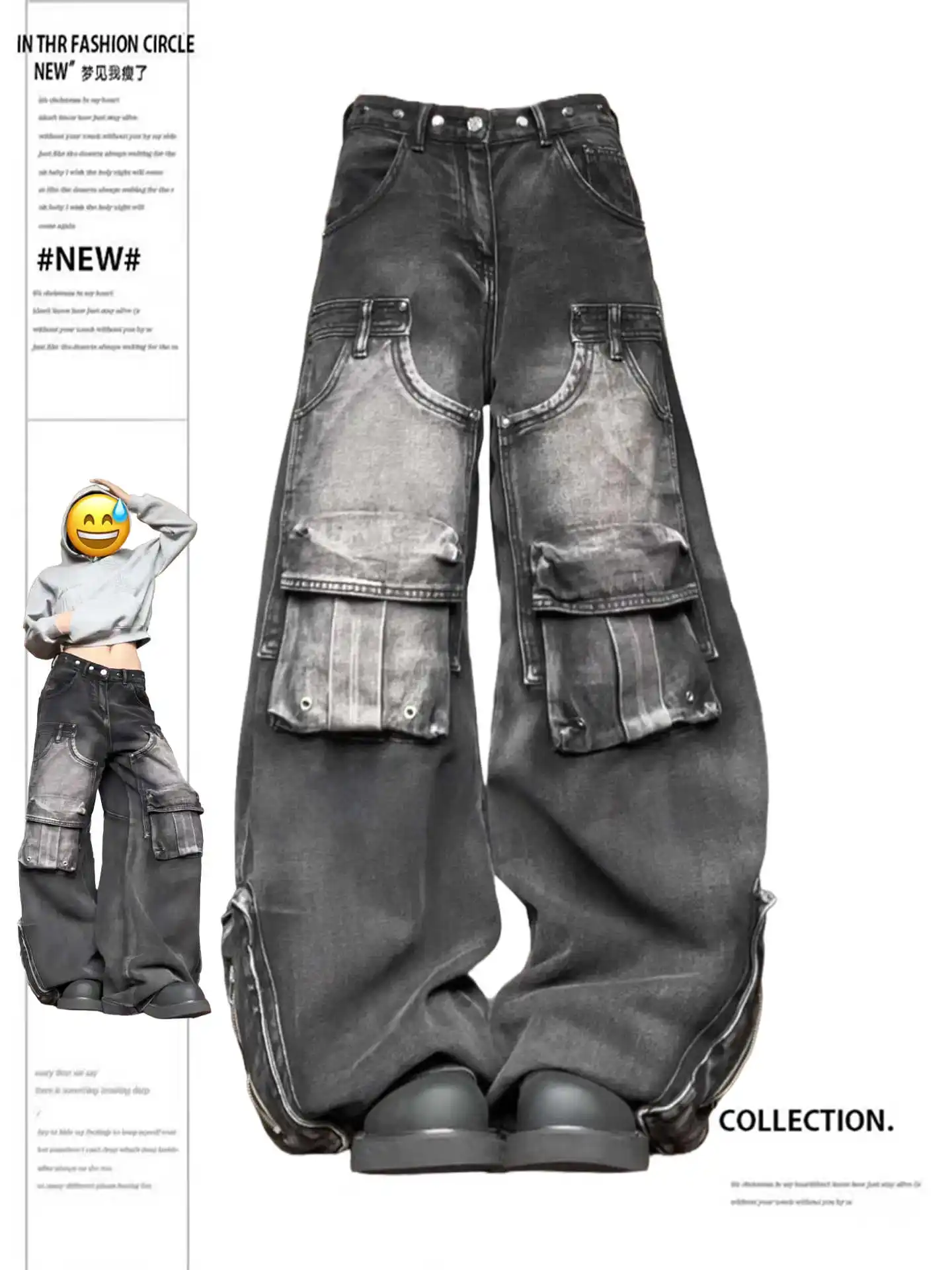 

Women Black Gothic Y2k Baggy Cargo Jeans Harajuku Vintage Emo Denim Trousers Japanese 2000s Style Oversize Boyfriend Jeans Pants