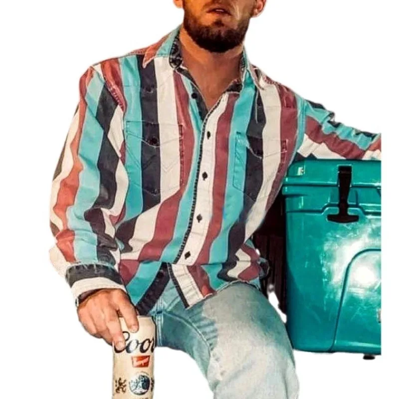 Men's 2025 Retro Print Loose Fit Long Sleeve Shirt Striped Casual Button Down Top for Daily Wear Spring Summer Fashion