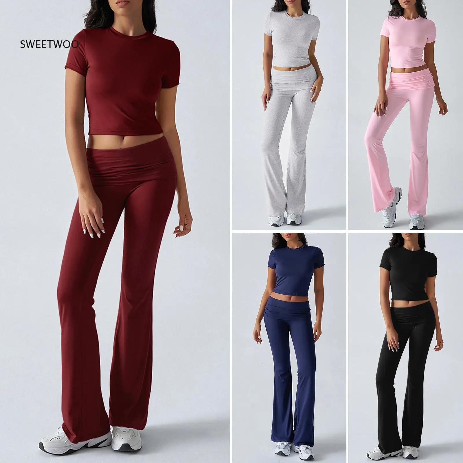 Women's Solid Color Two-Piece Set Short Sleeve Top with Long Pants Spring Summer New Casual Suit