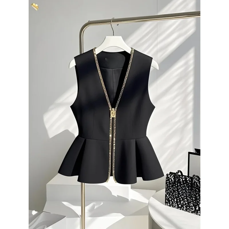 

French Elegant Vests V Neck Sleeveless Solid Color Ruffles Patchwork Coats Spring Summer Female Slim All Match Women's Clothing