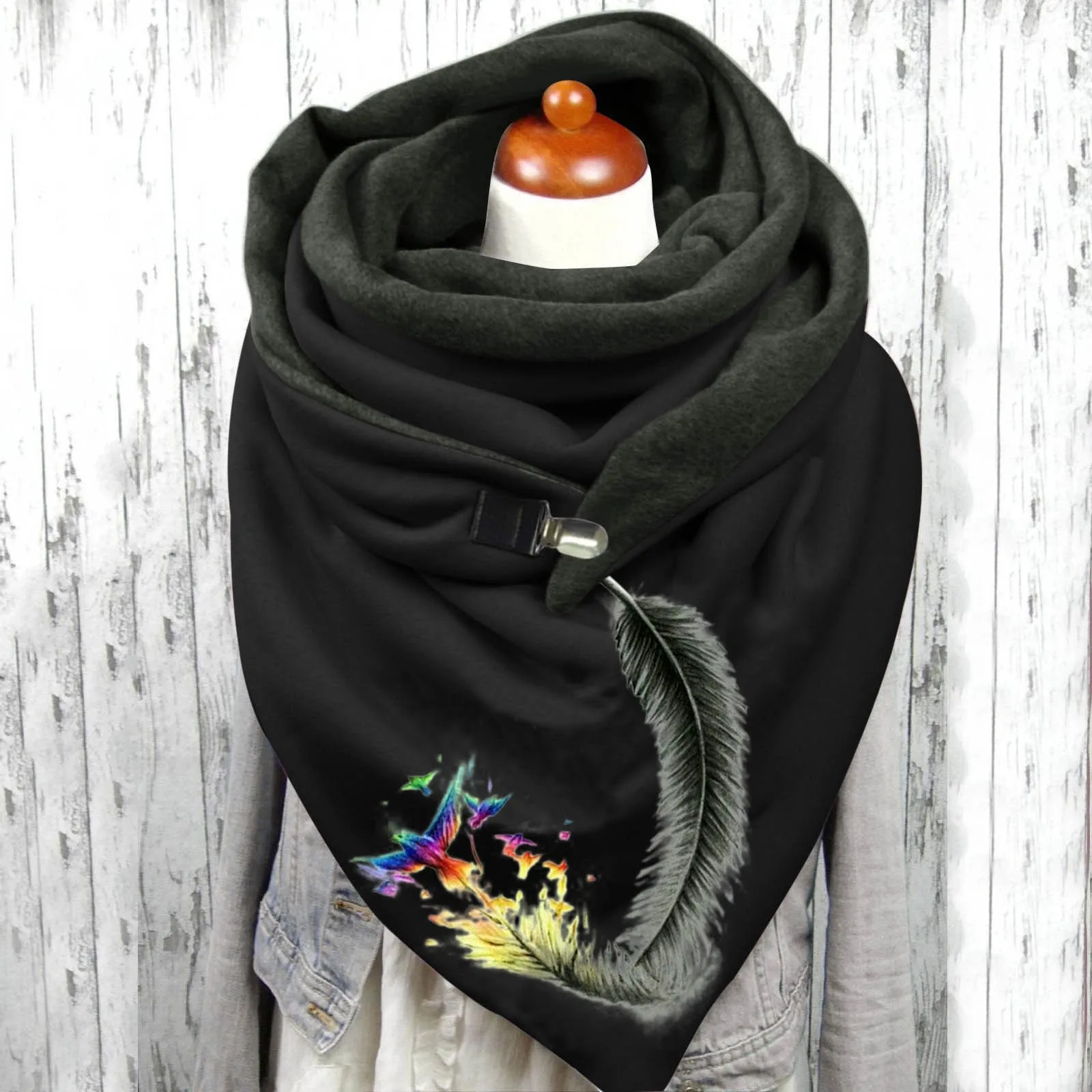 2023 Feather Printing Winter Scarf For Women Button Soft Wrap Plus Velvet Warm Scarves Shawls Echarpe Foulard Neck Wraps шарф