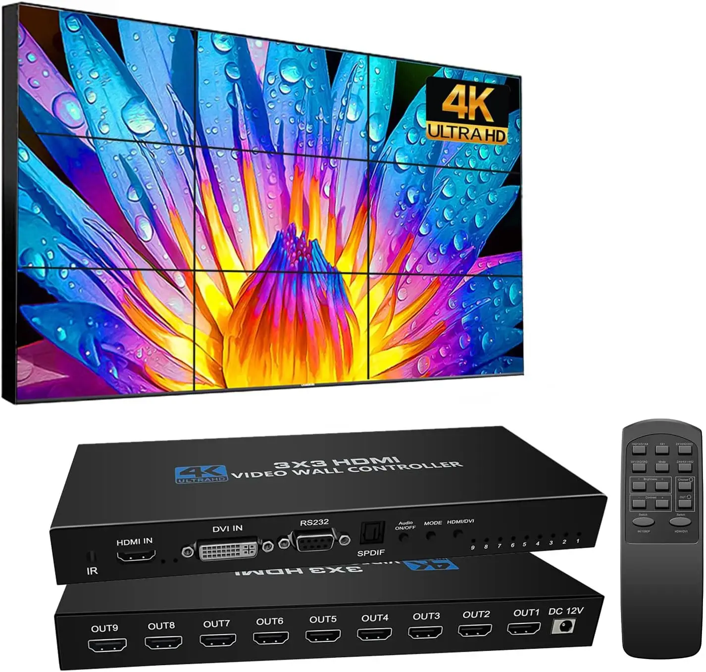 

Контроллер видеостены 4K 3x3 с 9 выходами - Мультиэкранное устройство коммутации и объединения изображений, поддержка 1080P HDCP 1.4 для HDMI-видеопроцессора