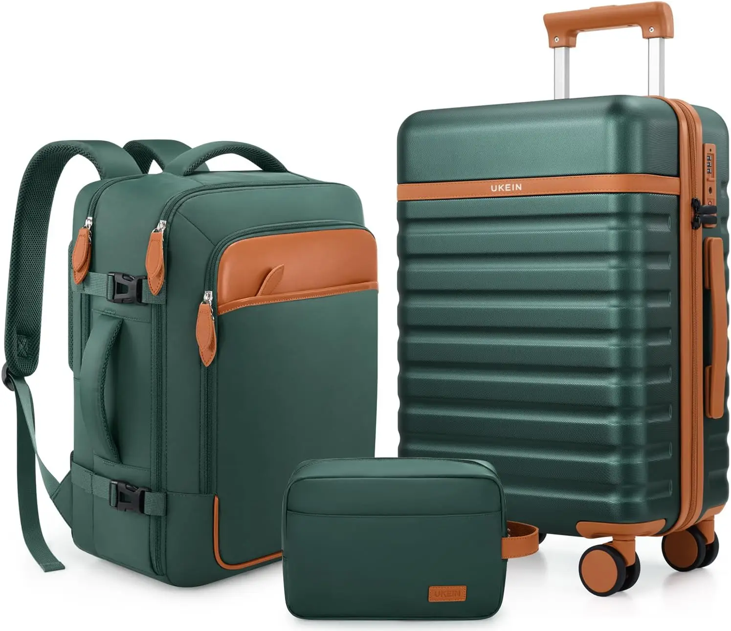 

3-Piece Hardside Luggage Set with Spinner Wheels, TSA Lock & Travel Backpack - Green 20In Carry-On