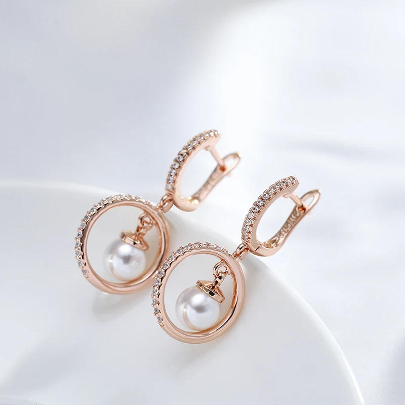 Kinel Luxury Pearl Long Drop Earrings For Women Trendy 585 Rose Gold Easy Matching Dangle Earring Fine Wedding Daily Jewelry