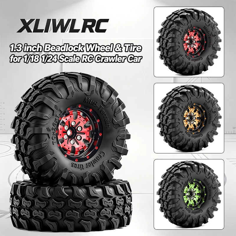 4pcs 1.3 inch Aluminum Beadlock Wheel Hub & Rubber Tire for 1/18 TRX4M 1/24 Axial SCX24 AX24 FMS24 RC Crawler Car Upgrade Parts