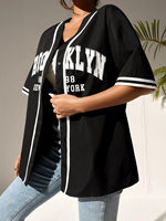 Summer New Broklyn Printed Oversized Black Blouse Women Streetwear Hip Hop Baseball Shirt Hip Hop Short Sleeve Button Up Tops