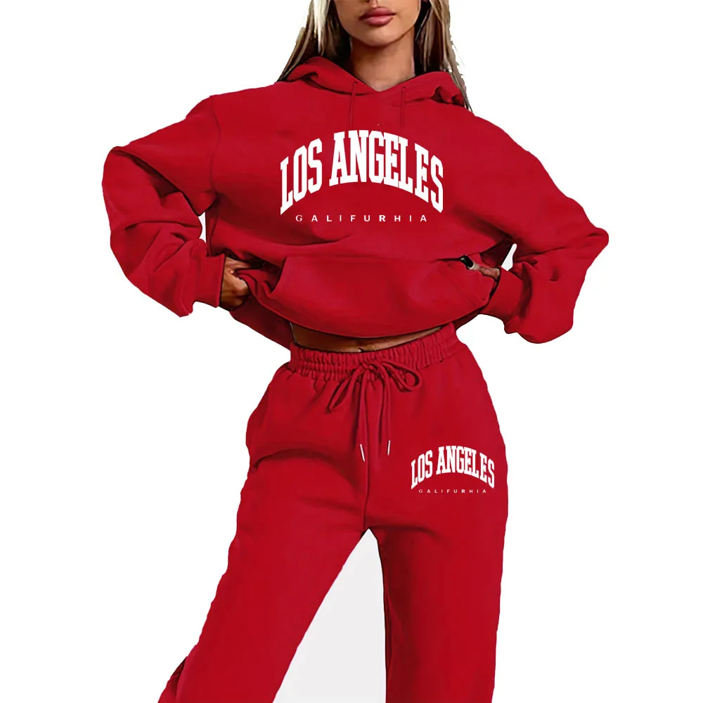 LOS ANGELES Womens Tracksuit Autumn Winter Warm Printing Hooded Sweatshirts Suit Fashion Casual High Quality Jogging Pants Sets