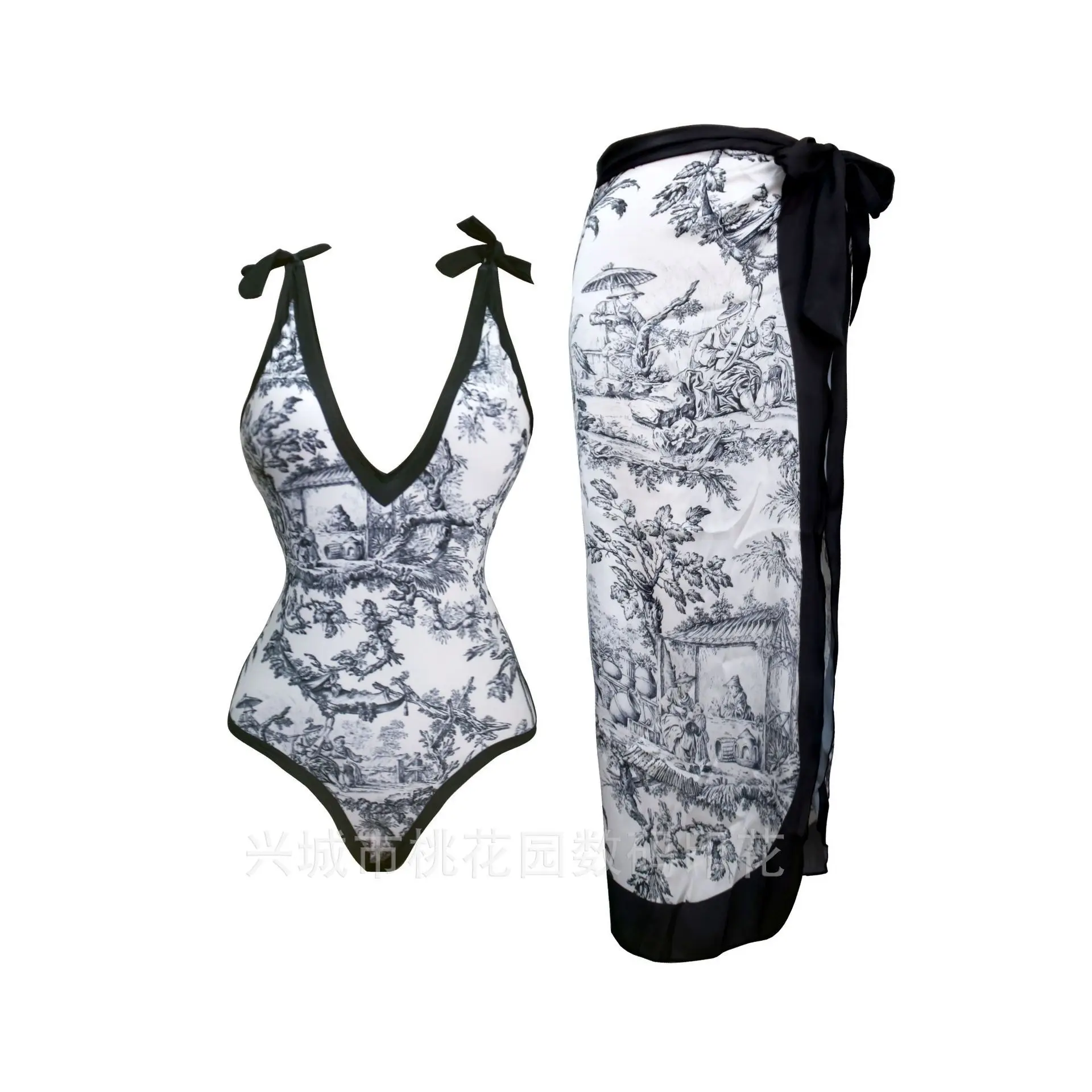 

2025 new Guochao ink printing bikini two-piece set strap one-piece swimsuit chiffon dress set women