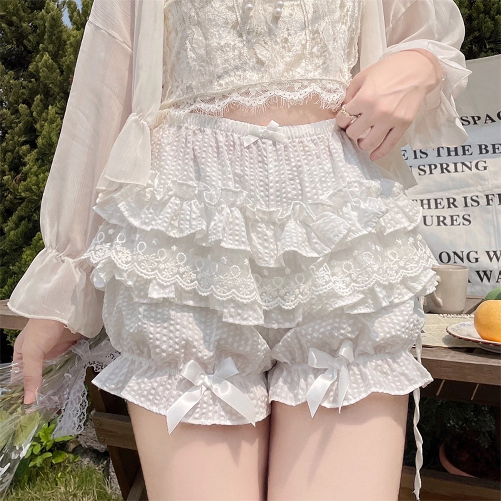 

Summer Sweet Lolita Pumpkin Shorts Women Lace Ruffle Bow Safety Short Pants Cute Cake Skirt Knickers Japanese Kawaii JK Bloomers