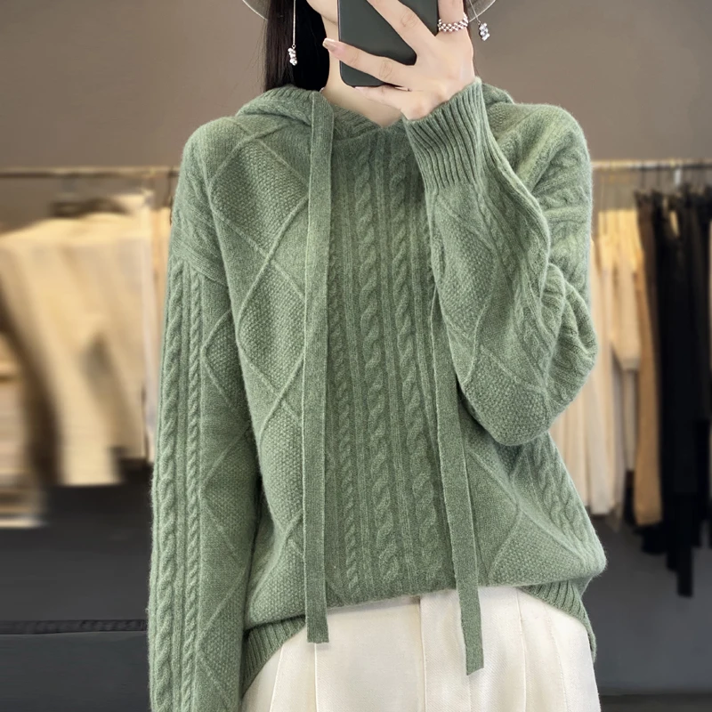 

Striped hoodie 100% Merino wool pullover Autumnwinter new cashmere sweater women's pullover warm bottom knit shirt top