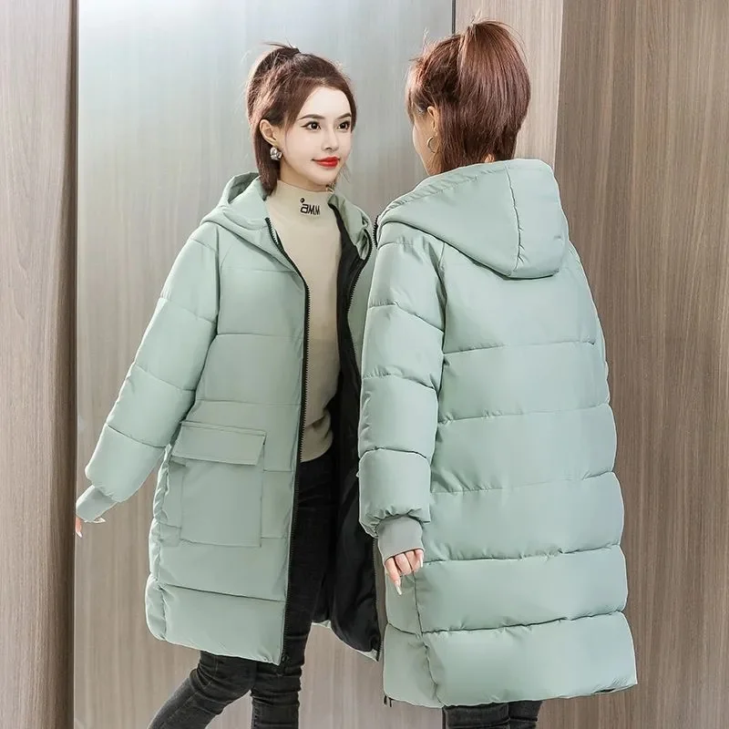 Women\'s Winter Down Cotton Jacket 2023 New Blue Hooded Parker Women Outerwear Thicke Warm Loose Mid Long Cotton Clothes Coat 8XL