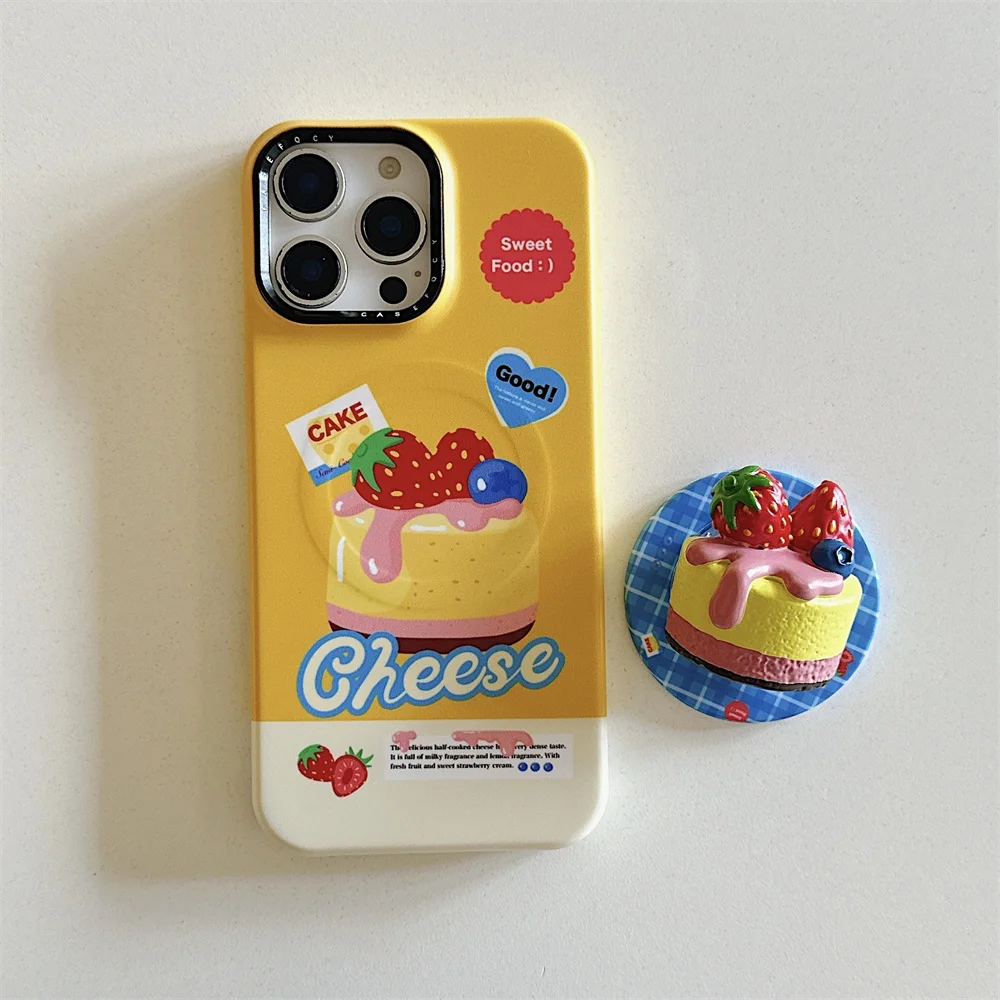 Custodia per telefono con supporto per torta alla fragola creativa Instagram, adatta per iPhone 16 Pro 15 14 13 Pro Max, adatta per Magsa