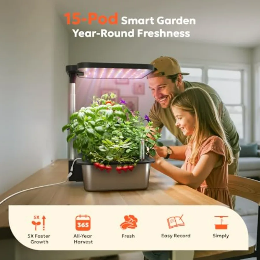 Indoor herb garden kit with 15 pods, dark silver hydroponic system, 36W LED grow light, APP control, quiet pump, 30-inch max pl