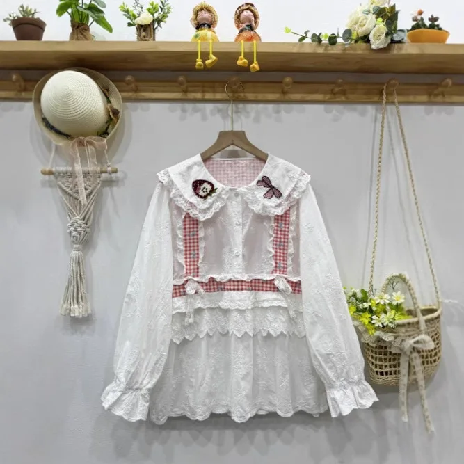 Sweet Mori Girl Embroidery Vintage Plaid Patchwork Cotton Shirts Women Japanese Spring Cute Peter Pan Collar Long Sleeve Blouse