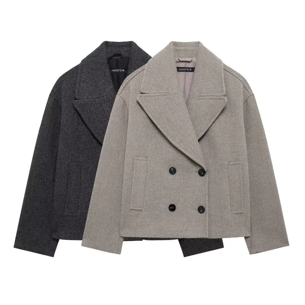 

Autumn Winter Fashion Joker Loose Double Lapel Wool Short Coat European American Style Casual Outerwear for Women