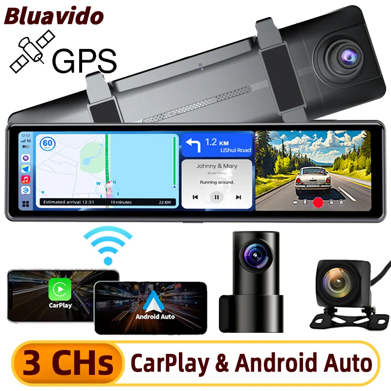 3 Channel Dash Cam 1080P Car Rearview Mirror Video Recorder Wireless Carplay and Android Auto Cast Screen GPS Logger WiFi DVRs