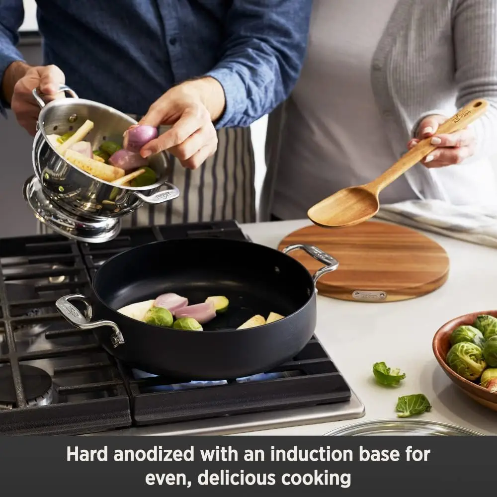 HA1 Hard Anodized Nonstick Sauteuse Pan with Acacia Trivet and Spoon 4 Piece, 4 Quart Induction Oven Broiler Safe 500F