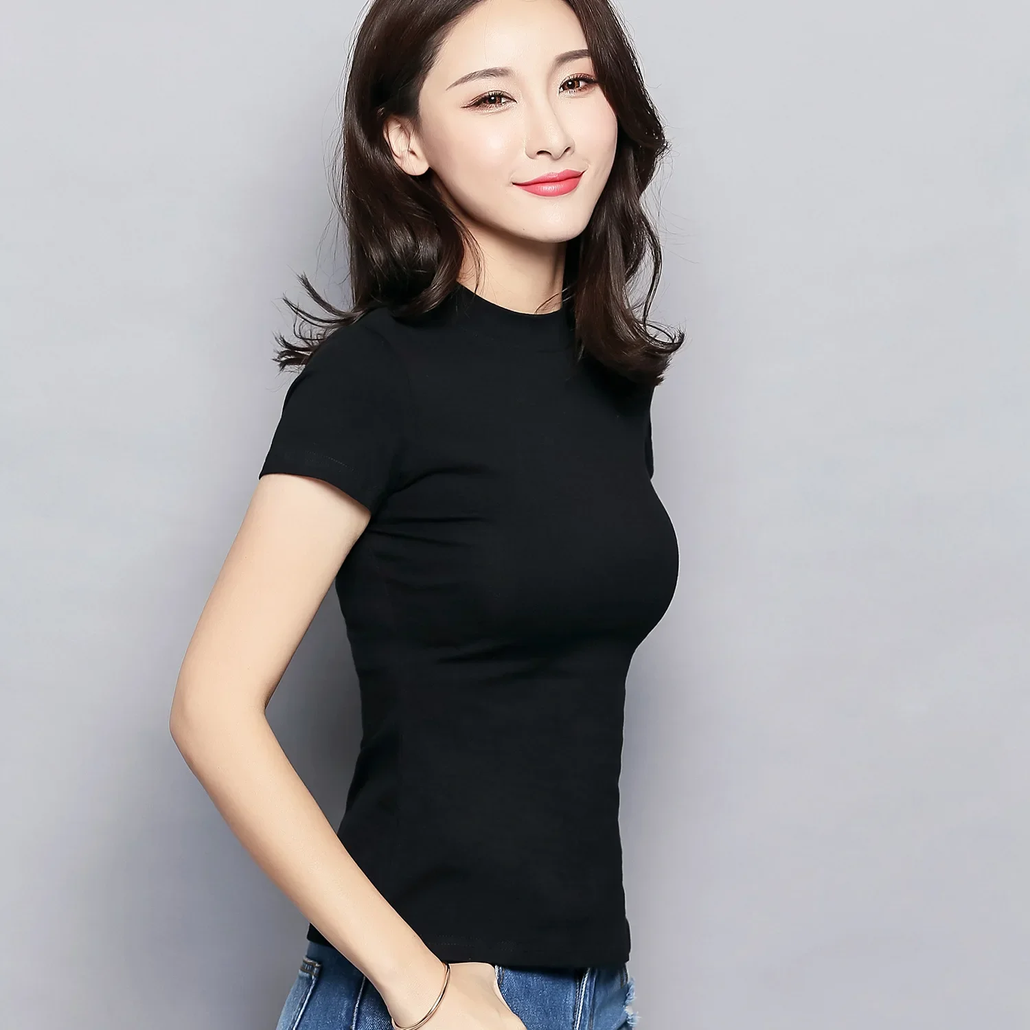 MRMT 2024 Brand New Women's T Shirt Half High Collar Solid Color Short-sleeved T-shirt for Female Tops Tshirt