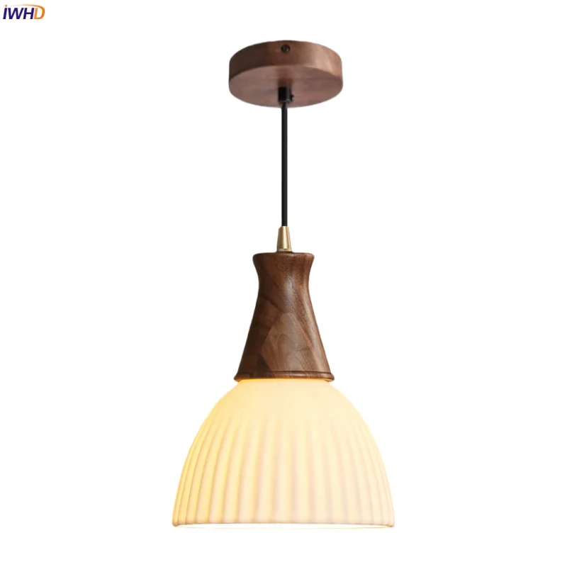 

IWHD Wood Canopy LED Pendant Lamp For Bedroom Kitchen Living Room Home Design White Ceramic Japan Vintage Pendant Light Hanglamp
