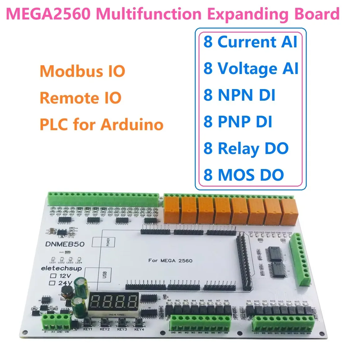 

Analog Digital Modbus Relay Board 16AI-16DI-16DO RS485 MEGA2560 R3 IO Expanding Module for Arduino Open PLC Remote IO