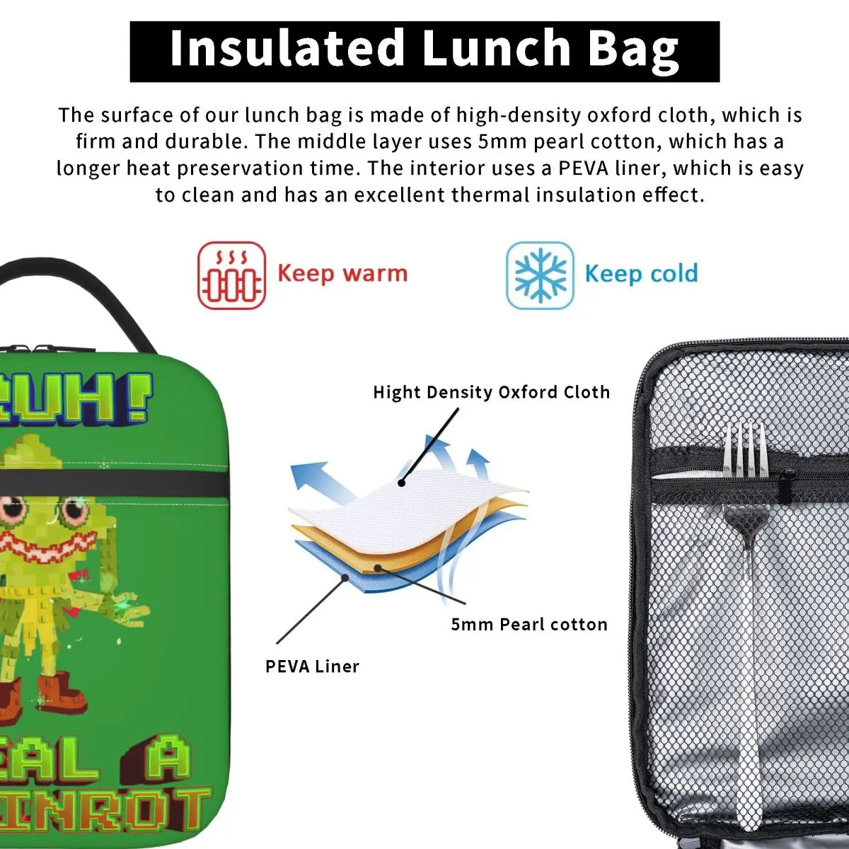 Bruh Ketupat Kepat Brainrot سرقة أ Brainrot معزول أكياس الغداء حاوية الغداء حقيبة للحفاظ على البرودة حمل علب الاغذية كلية الغذاء حقيبة يد #4