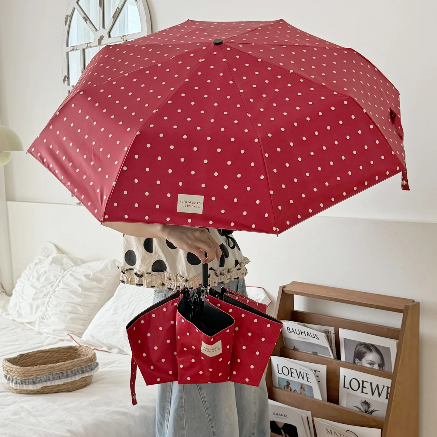 Retro Burgundy Polka Dot Sunshade Umbrella for Women, Sunny and Rainy, Sunscreen and UV Protection Parasol,compact and Portable