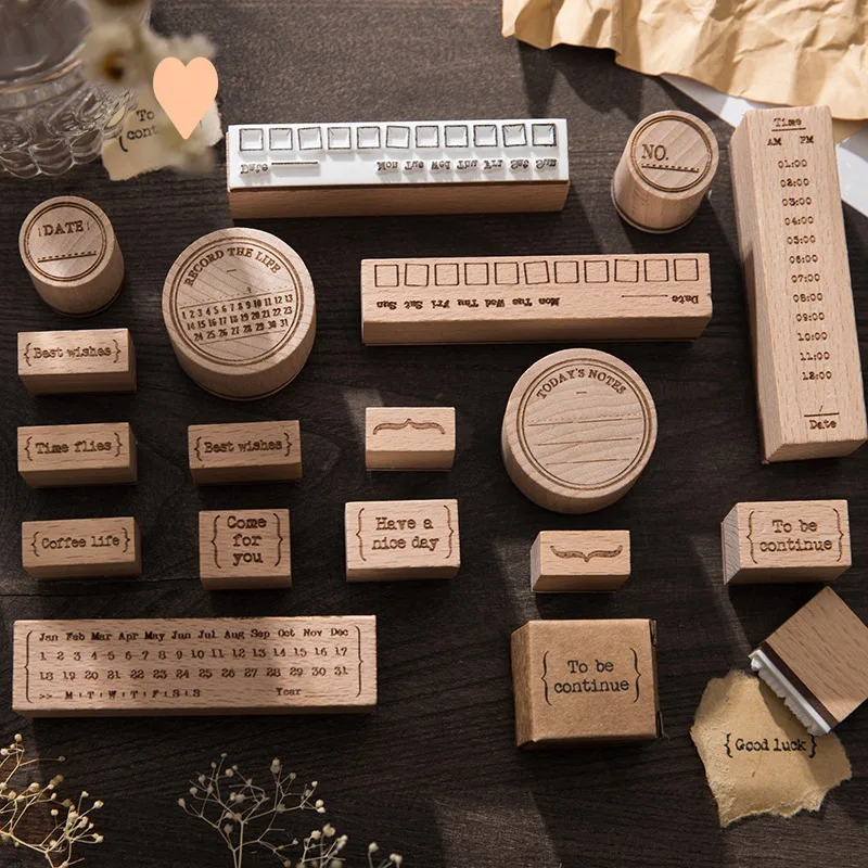 Wooden Rubber Stamp Set Date Diary Time Wonderful Blessings Vintage Simplicity DIY Handbook Decoration English Material Prints