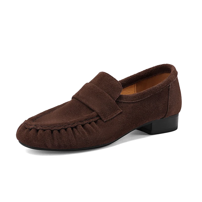 Smallhut nova tendência primavera camurça de vaca mocassins femininos marrom cáqui chocolate cinza retalhos sapatos dedo do pé redondo costura salto b