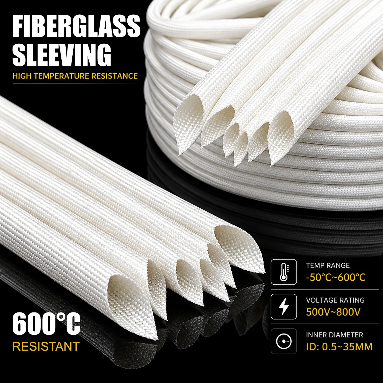1/2/3/510/20M White 600degree glassfiber sleeve ID 0.5-35mm Insulated electric heating tube harness protective sleeve