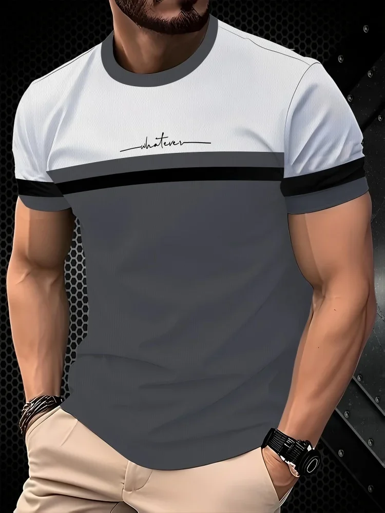Trendiges Herren-T-Shirt mit Buchstaben-Print, klassisches Streifenmuster, lässige Herrenkleidung, Street-Style, Kurzarm-Oberteil